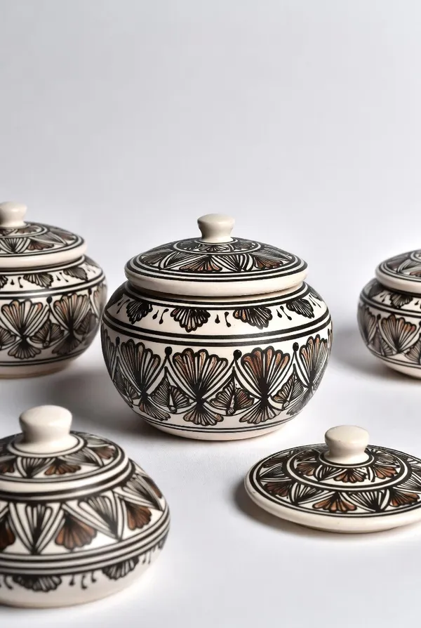 Blue_Pottery_White_Black_Floral_Decorative_Jar_Set