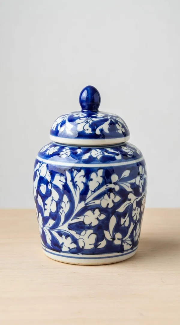 Blue_Pottery_Blue_And_White_Floral_Ginger_Jar_With_Lid