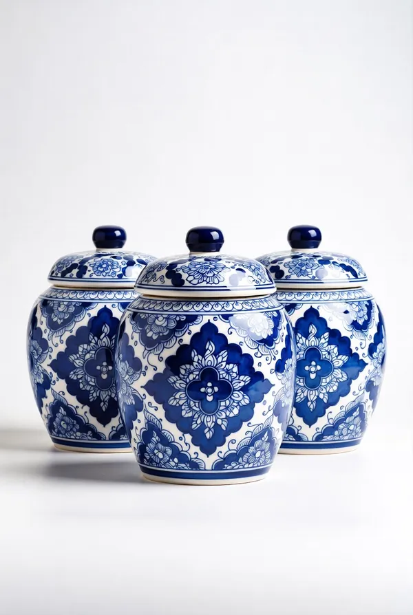 Blue_Pottery_Decorative_Blue_And_White_Floral_Jar_Set_With_Lids_Set_Of_3