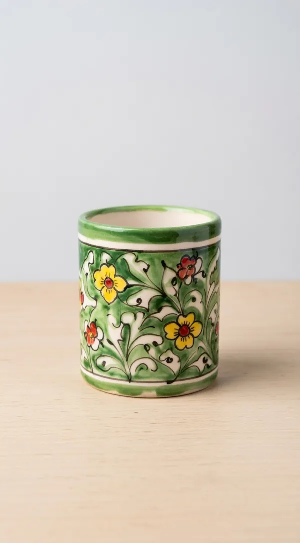 Blue_Pottery_Hand-Painted_Green_Floral_Utility_Holder