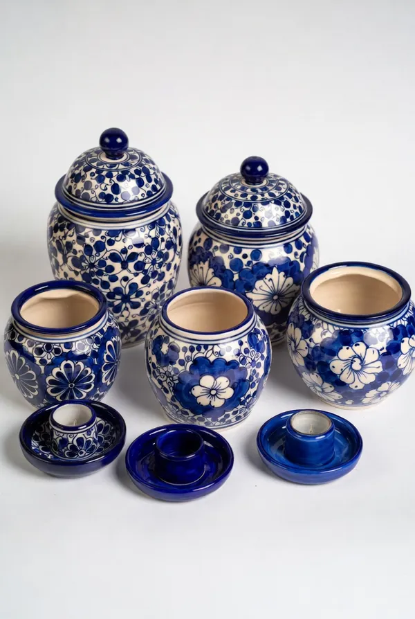 Blue_Pottery_Decorative_Floral_Blue_And_White_Jar_Set