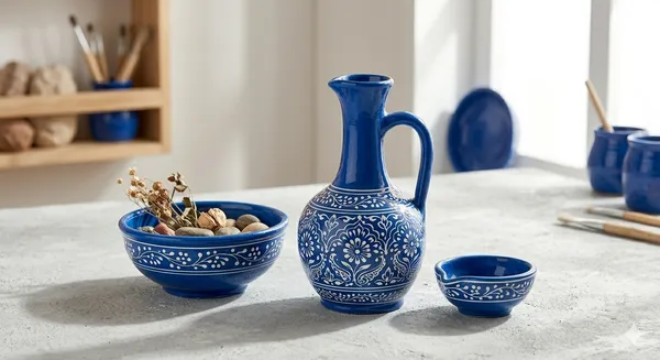 Blue_Pottery_Handcrafted_Blue_And_White_Pitcher_And_Bowl_Set