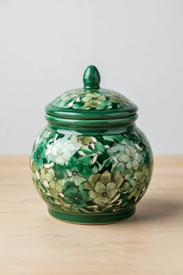 Blue_Pottery_Green_Hand-Painted_Floral_Storage_Jar_With_Lid