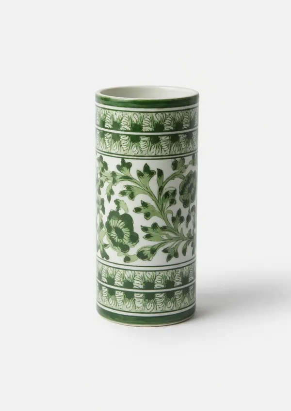 Blue_Pottery_Floral_Green_Cylindrical_Vase