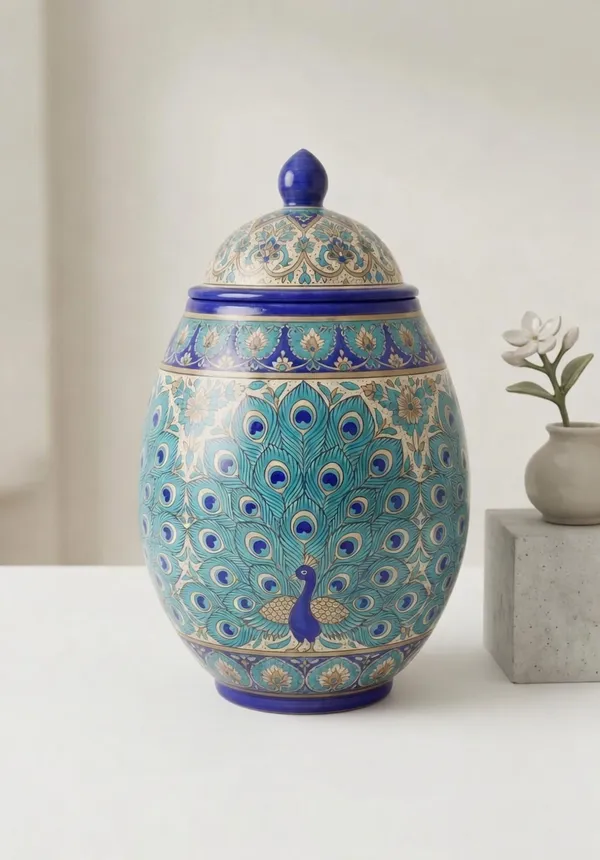 Blue_Pottery_Blue_And_Gold_Peacock_Decorative_Jar_With_Lid