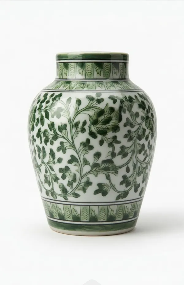 Blue_Pottery_Green_And_White_Floral_Jar_With_Lid