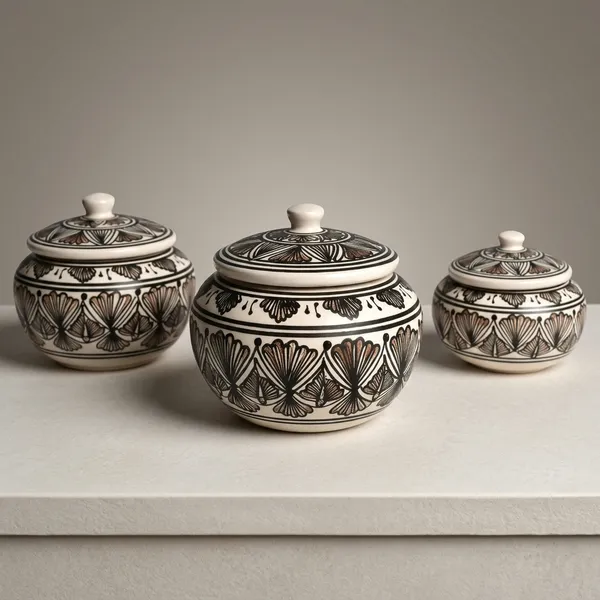 Blue_Pottery_White_Black_Floral_Decorative_Jar_Set