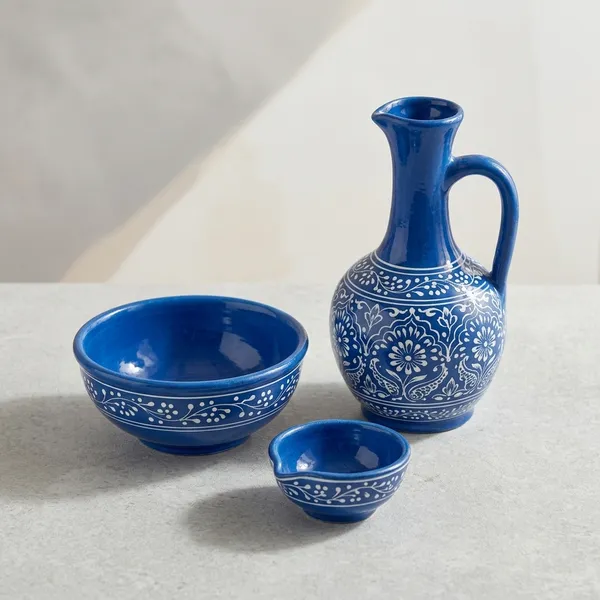 Blue_Pottery_Handcrafted_Blue_And_White_Pitcher_And_Bowl_Set