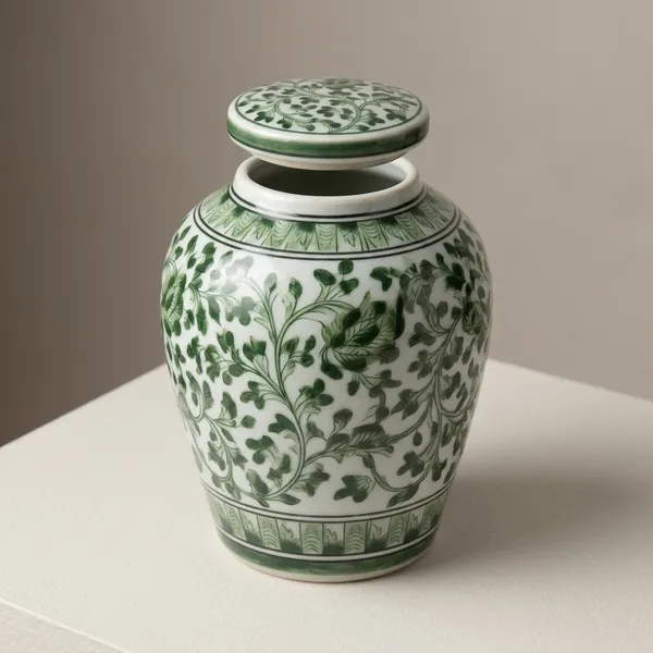 Blue_Pottery_Green_And_White_Floral_Jar_With_Lid