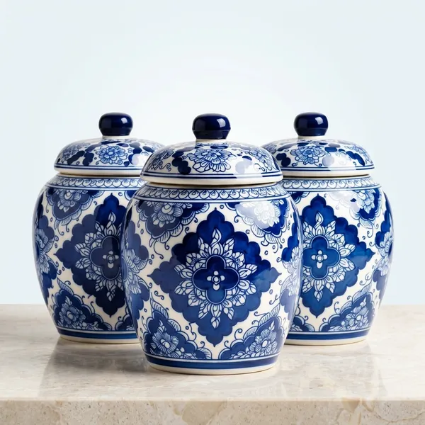 Blue_Pottery_Decorative_Blue_And_White_Floral_Jar_Set_With_Lids_Set_Of_3