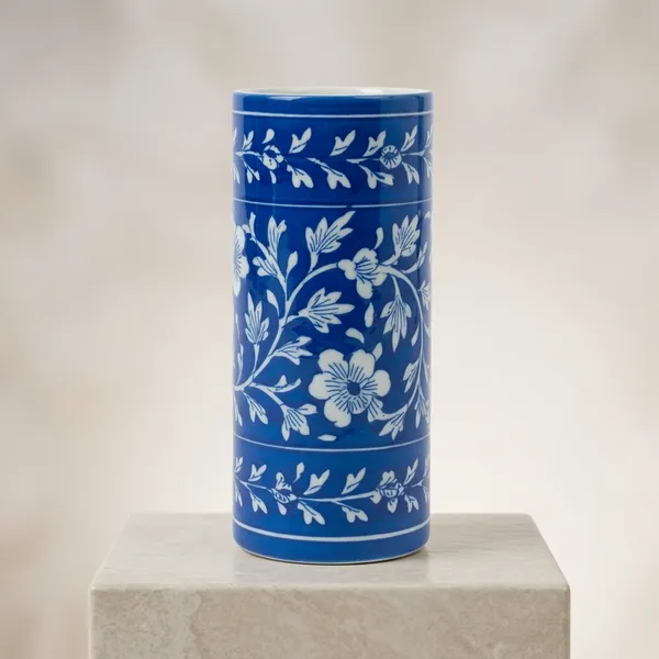 Blue_Pottery_Floral_Pattern_Blue_And_White_Cylindrical_Vase