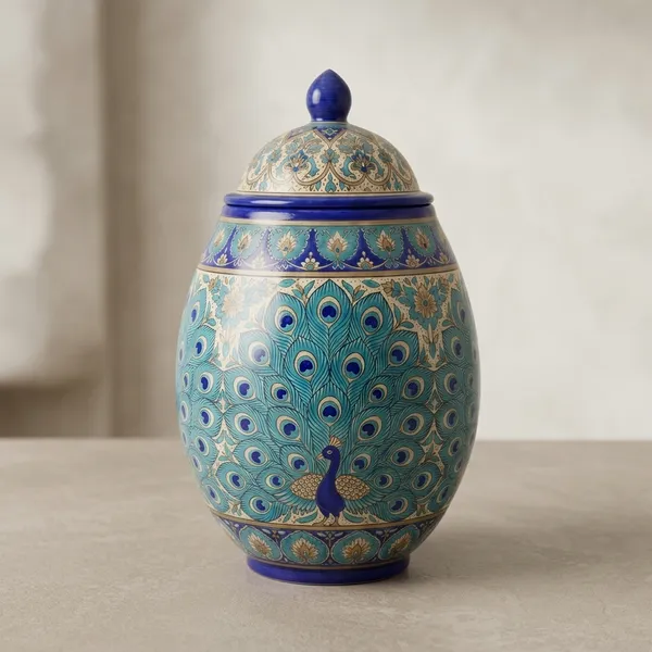 Blue_Pottery_Blue_And_Gold_Peacock_Decorative_Jar_With_Lid