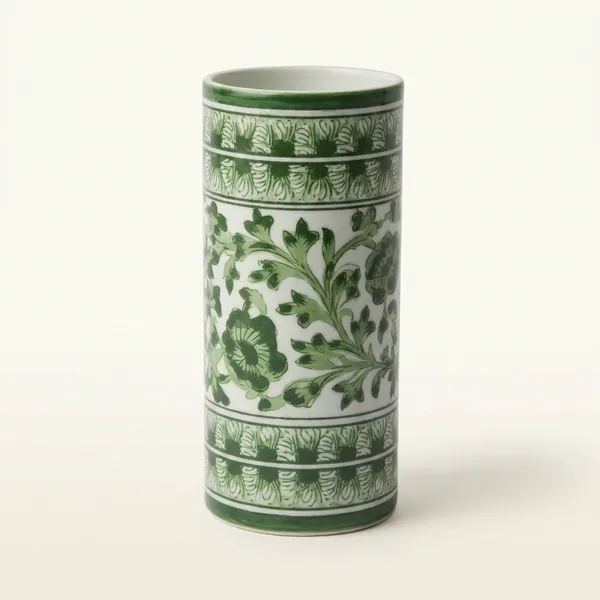 Blue_Pottery_Floral_Green_Cylindrical_Vase