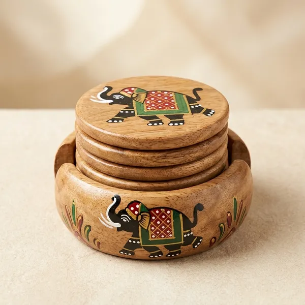 Wood_Handcrafted_Elephant_Print_Coaster_Set_With_Holder