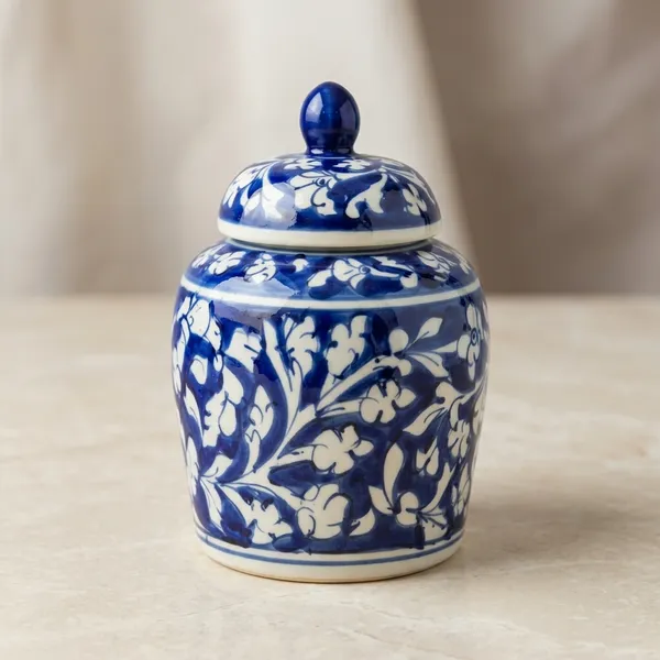 Blue_Pottery_Blue_And_White_Floral_Ginger_Jar_With_Lid