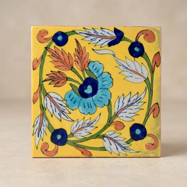 Blue_Pottery_Hand-Painted_Yellow_Floral_Decorative_Tile