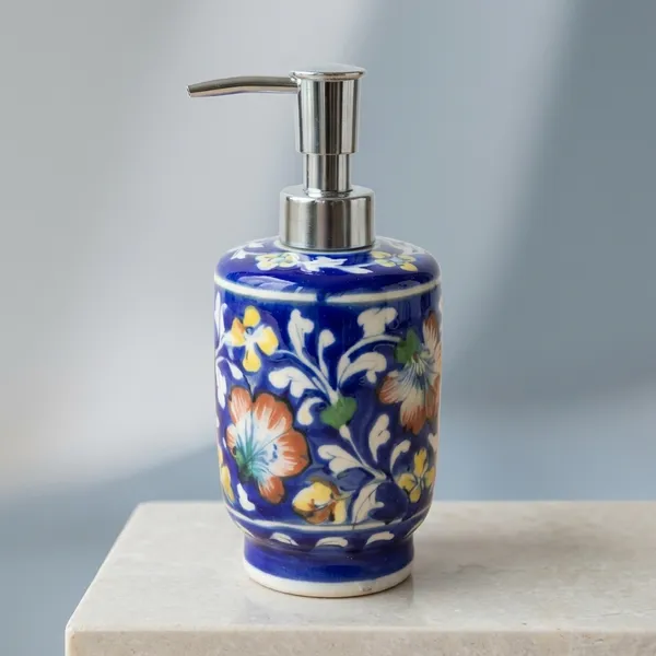 Blue_Pottery_Hand-Painted_Floral_Blue_Soap_Dispenser
