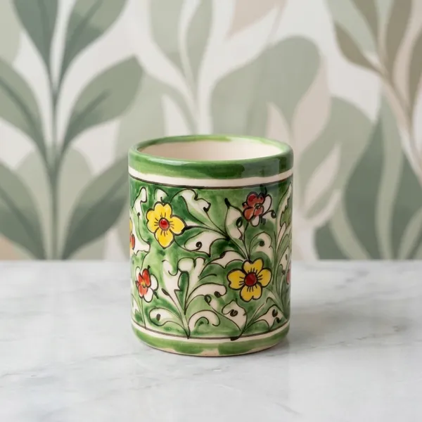Blue_Pottery_Hand-Painted_Green_Floral_Utility_Holder
