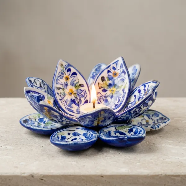 Blue_Pottery_Hand-Painted_Lotus_Floral_Blue_Candle_Holder