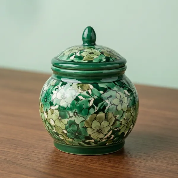 Blue_Pottery_Green_Hand-Painted_Floral_Storage_Jar_With_Lid