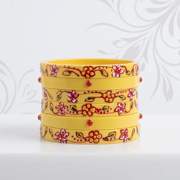Yellow_Floral_Printed_Plastic_Resin_Bangles_Set_For_Women