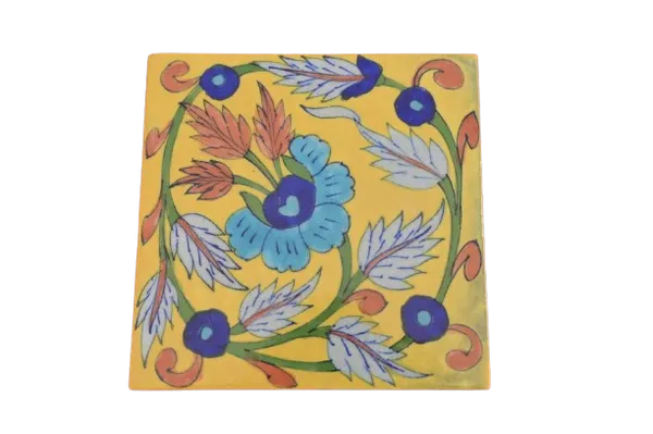 Blue_Pottery_Hand-Painted_Yellow_Floral_Decorative_Tile