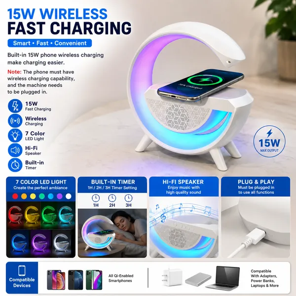 White_3-In-1_Rgb_LED_Lamp_Bluetooth_Speaker_With_Wireless_Charging