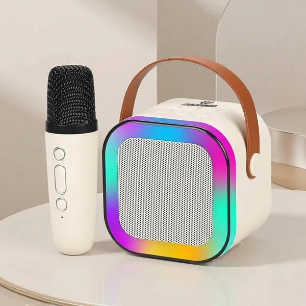 White_Wireless_Bluetooth_Karaoke_Speaker_With_Microphone_LED_Ring