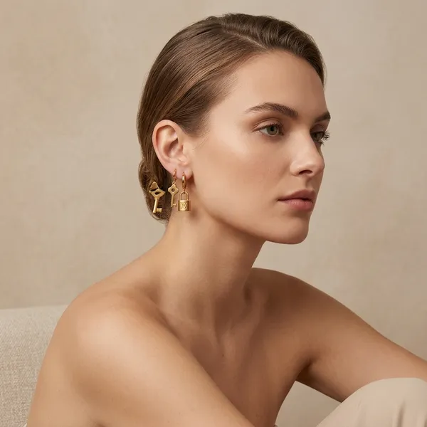 Golden_Gold_Plated_Mismatched_Lock_Key_Hoop_Earrings_For_Women