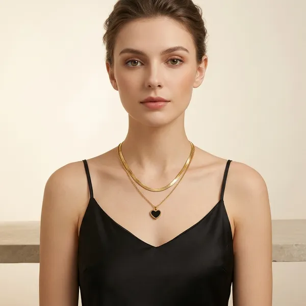 Golden_Plated_Black_Enamel_Heart_Pendant_Layered_Necklace_For_Women