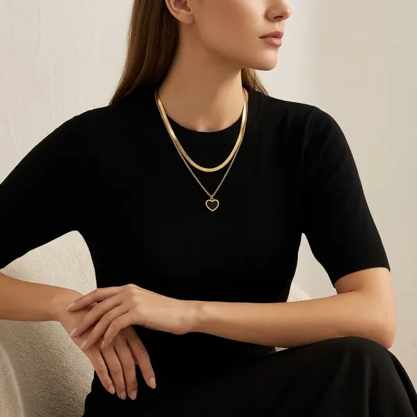 Golden_Plated_Black_Enamel_Heart_Pendant_Layered_Necklace_For_Women