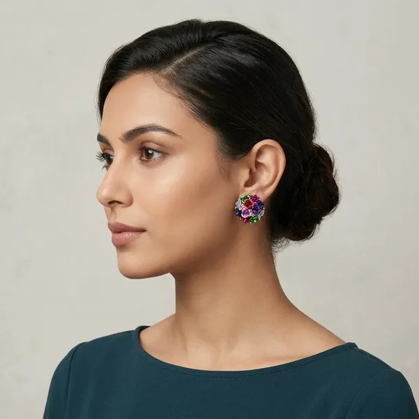 Multicolour_Metal_Crystal_Floral_Cluster_Stud_Earrings_For_Women