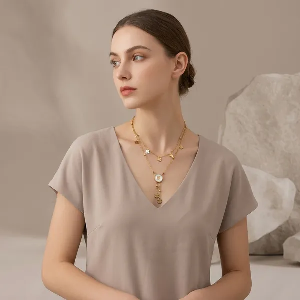 Golden_Gold_Plated_Layered_Floral_Charm_Necklace_For_Women