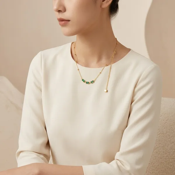 Golden_Gold_Plated_Green_Stone_Accent_Chain_Necklace_For_Women