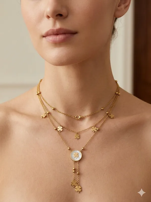 Golden_Gold_Tone_Layered_Shamrock_Charm_Pendant_Necklace_For_Women