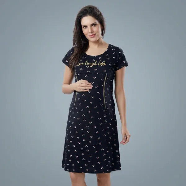 Black_Cotton_Maternity_Dress_With_Zipper_For_Women