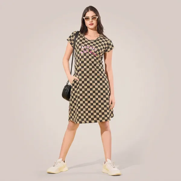 Black_And_Beige_Cotton_Printed_T-Shirt_Dress_For_Women