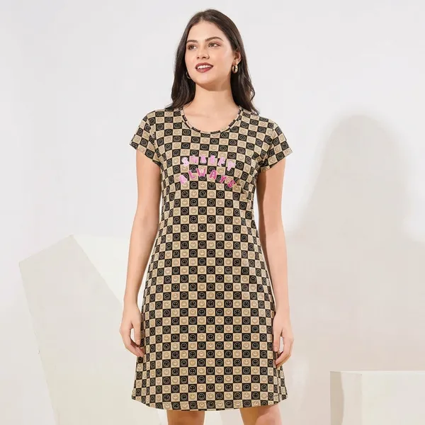 Black_And_Beige_Cotton_Printed_T-Shirt_Dress_For_Women