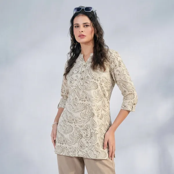 Cream_Cotton_Kurti_Pant_Set_For_Women