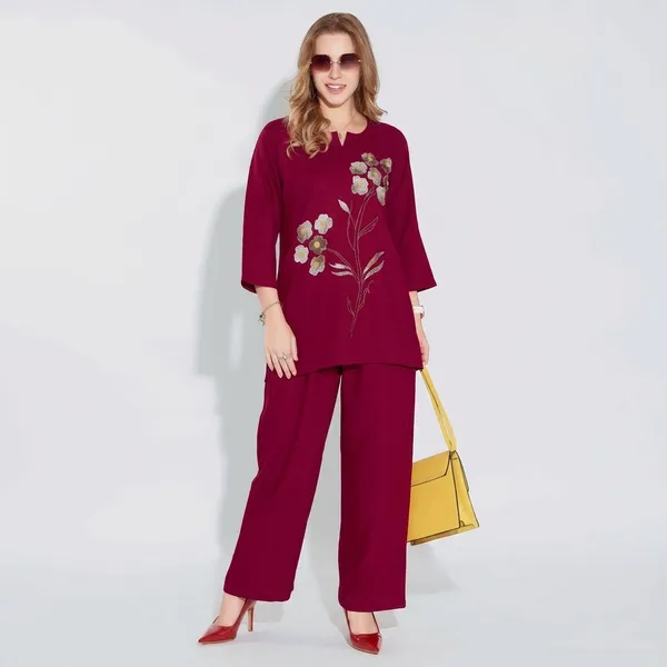 Maroon_Linen_Kurta_Pant_Set_For_Women