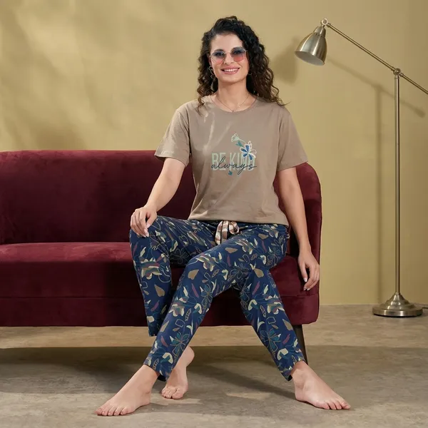 Beige_Cotton_T-Shirt_And_Pyjama_Set_For_Women