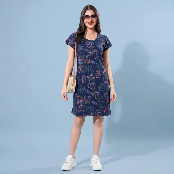 Navy_Blue_Cotton_Short_Sleeve_Dress_For_Women