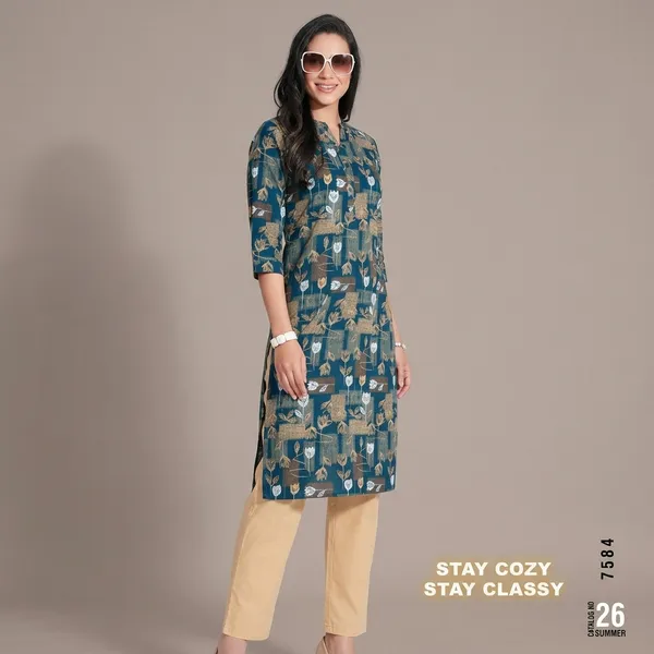 Teal_Blue_Cotton_Kurti_Pant_Set_For_Women