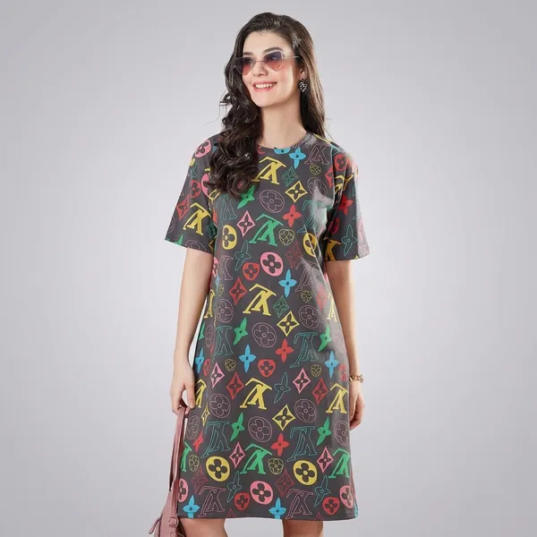 Multicolour_Cotton_Printed_T-Shirt_Dress_For_Women
