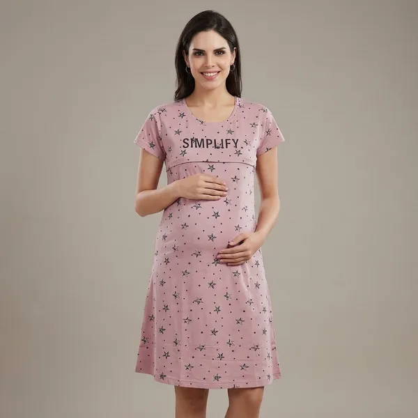 Pink_Cotton_Maternity_Dress_With_Side_Zipper_For_Women