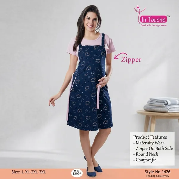 Navy_Blue_Cotton_Maternity_Feeding_Dress_With_Zipper_For_Women