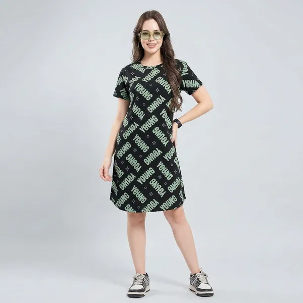 Black_Cotton_Short_Sleeve_Knee_Length_Dress_For_Women