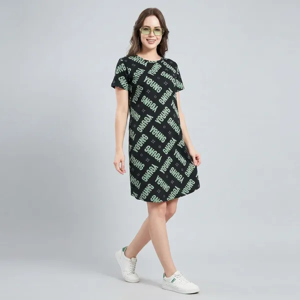 Black_Cotton_Short_Sleeve_Knee_Length_Dress_For_Women