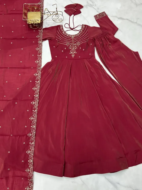 Red_70%_Chinon,_30%_Silk_Anarkali_Gown_Set_For_Women