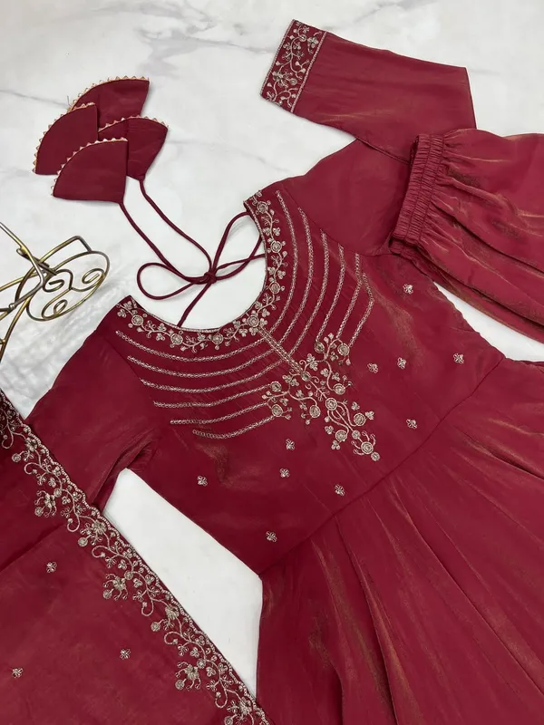 Red_70%_Chinon,_30%_Silk_Anarkali_Gown_Set_For_Women